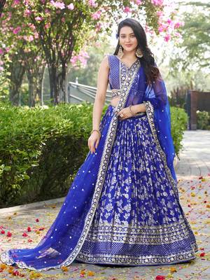 ROYAL BLUE DOLA SILK SEQUINS ZARI EMBROIDERED LEHENGA CHOLI 6