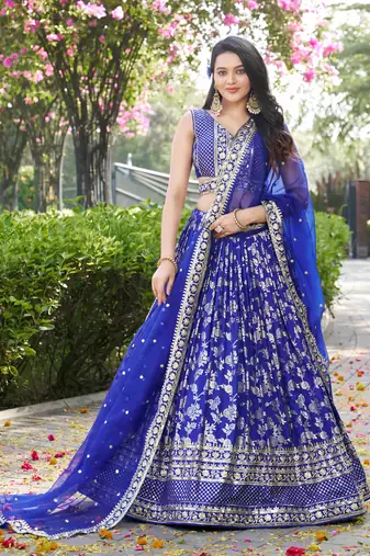 ROYAL BLUE DOLA SILK SEQUINS ZARI EMBROIDERED LEHENGA CHOLI