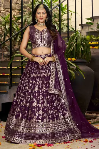 WINE DOLA SILK SEQUINS ZARI EMBROIDERED LEHENGA CHOLI