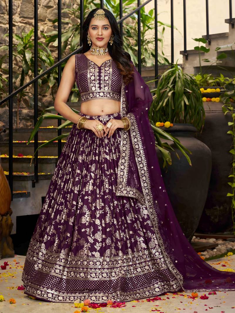 WINE DOLA SILK SEQUINS ZARI EMBROIDERED LEHENGA CHOLI