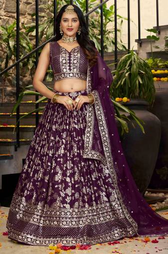 WINE DOLA SILK SEQUINS ZARI EMBROIDERED LEHENGA CHOLI