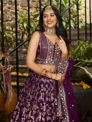 WINE DOLA SILK SEQUINS ZARI EMBROIDERED LEHENGA CHOLI 3
