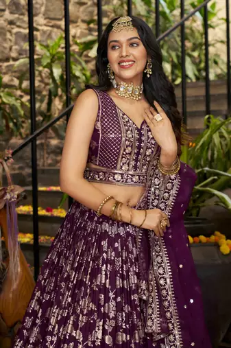 WINE DOLA SILK SEQUINS ZARI EMBROIDERED LEHENGA CHOLI