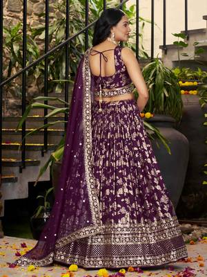 WINE DOLA SILK SEQUINS ZARI EMBROIDERED LEHENGA CHOLI 4
