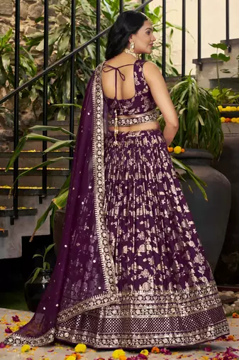 WINE DOLA SILK SEQUINS ZARI EMBROIDERED LEHENGA CHOLI