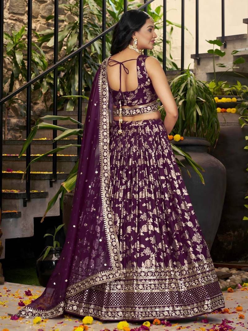 WINE DOLA SILK SEQUINS ZARI EMBROIDERED LEHENGA CHOLI