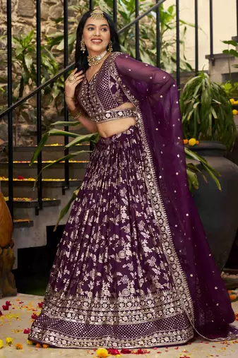 WINE DOLA SILK SEQUINS ZARI EMBROIDERED LEHENGA CHOLI
