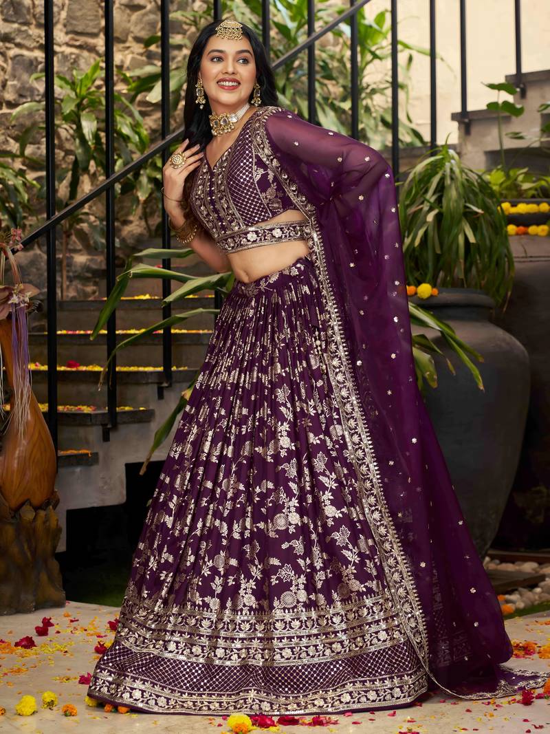 WINE DOLA SILK SEQUINS ZARI EMBROIDERED LEHENGA CHOLI