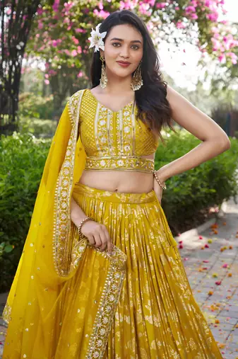YELLOW DOLA SILK SEQUINS ZARI EMBROIDERED LEHENGA CHOLI
