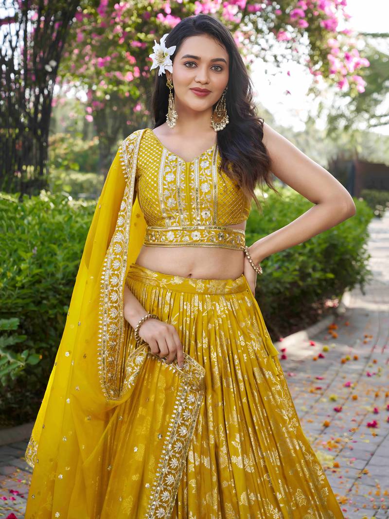 YELLOW DOLA SILK SEQUINS ZARI EMBROIDERED LEHENGA CHOLI