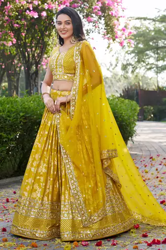 YELLOW DOLA SILK SEQUINS ZARI EMBROIDERED LEHENGA CHOLI