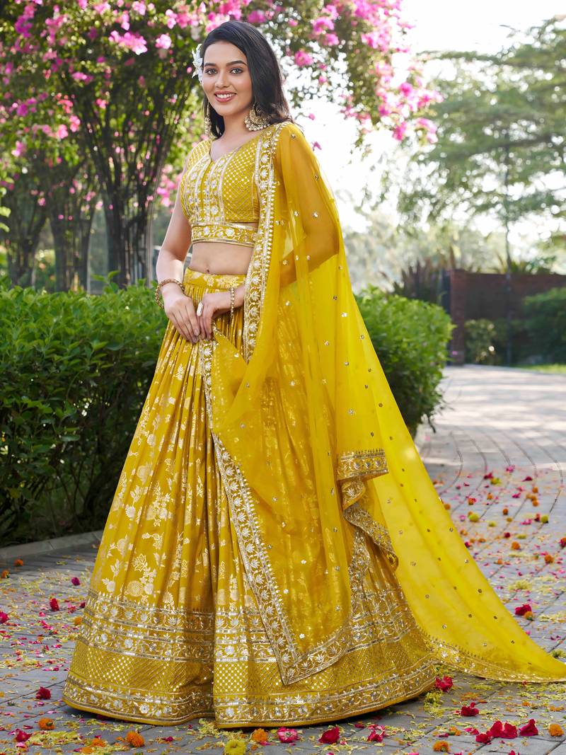 YELLOW DOLA SILK SEQUINS ZARI EMBROIDERED LEHENGA CHOLI