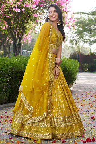 YELLOW DOLA SILK SEQUINS ZARI EMBROIDERED LEHENGA CHOLI