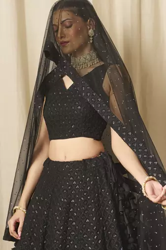 BLACK GEORGETTE SEQUINS THREAD EMBROIDERED LEHENGA CHOLI