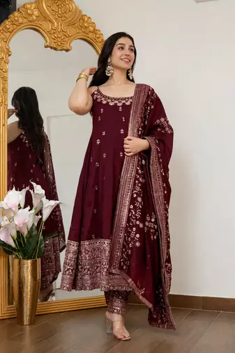 MAROON VICHITRA silk blend embroidered ANARKALI SUIT SET 