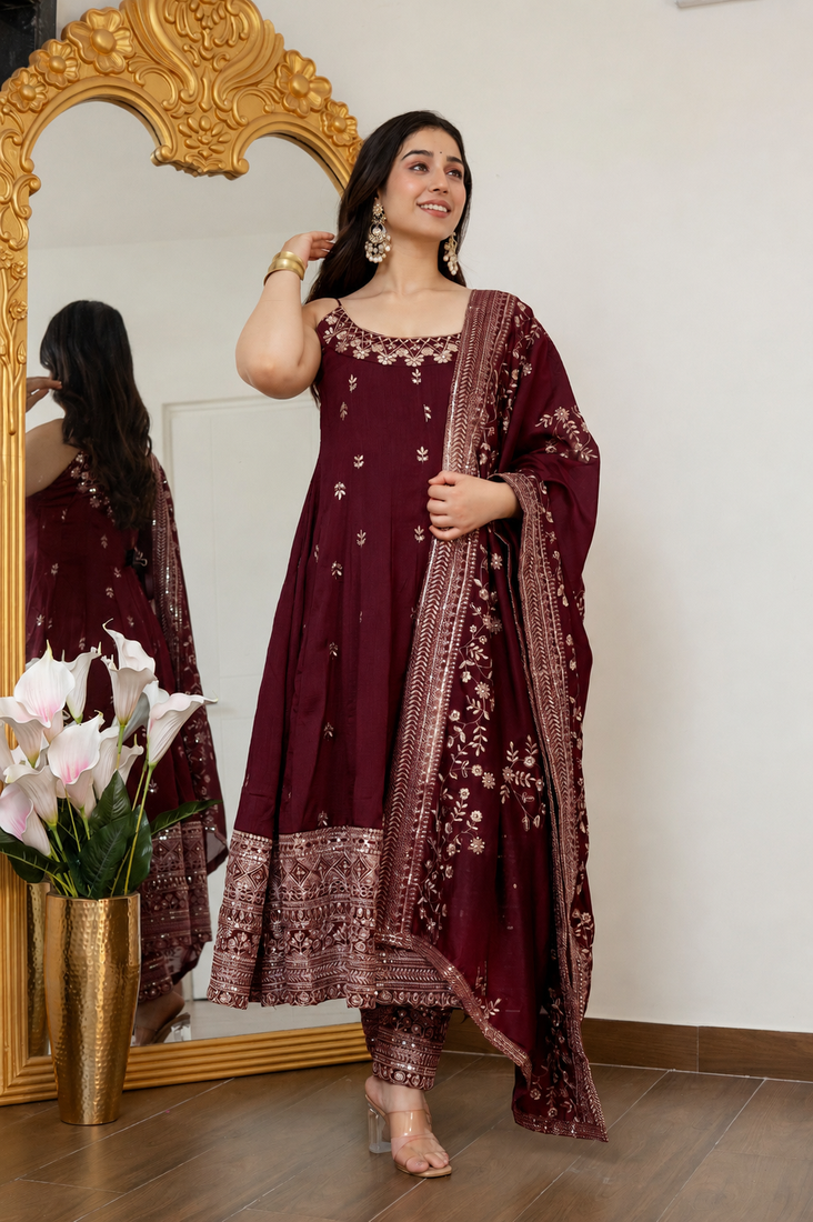 MAROON VICHITRA silk blend embroidered ANARKALI SUIT SET 