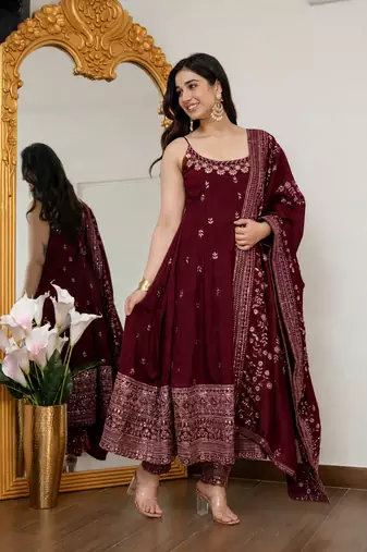 MAROON VICHITRA SILK EMBROIDERY PARTY WEAR ANARKALI SUIT SET 
