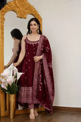 MAROON VICHITRA SILK EMBROIDERY PARTY WEAR ANARKALI SUIT SET 
