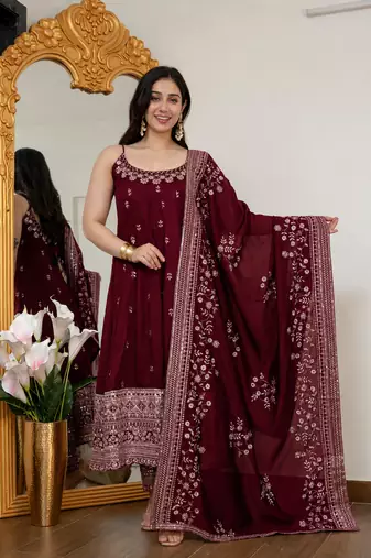 MAROON VICHITRA SILK EMBROIDERY PARTY WEAR ANARKALI SUIT SET 