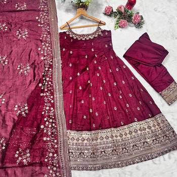 MAROON VICHITRA SILK EMBROIDERY PARTY WEAR ANARKALI SUIT SET  6