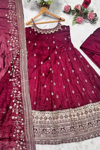 MAROON VICHITRA SILK EMBROIDERY PARTY WEAR ANARKALI SUIT SET 