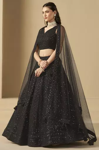 BLACK GEORGETTE SEQUINS THREAD EMBROIDERED LEHENGA CHOLI