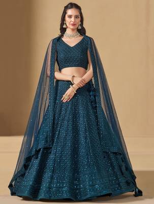 BLUE GEORGETTE SEQUINS THREAD EMBROIDERED LEHENGA CHOLI 1