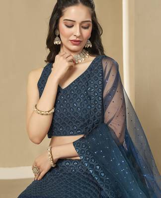 BLUE GEORGETTE SEQUINS THREAD EMBROIDERED LEHENGA CHOLI 3