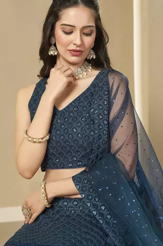 BLUE GEORGETTE SEQUINS THREAD EMBROIDERED LEHENGA CHOLI