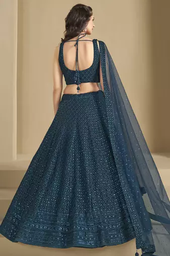 BLUE GEORGETTE SEQUINS THREAD EMBROIDERED LEHENGA CHOLI