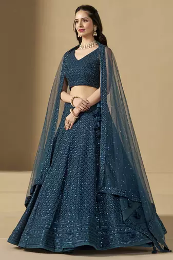 BLUE GEORGETTE SEQUINS THREAD EMBROIDERED LEHENGA CHOLI