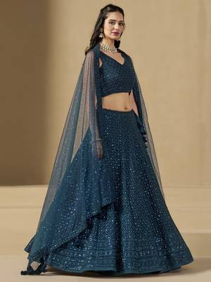 BLUE GEORGETTE SEQUINS THREAD EMBROIDERED LEHENGA CHOLI 6