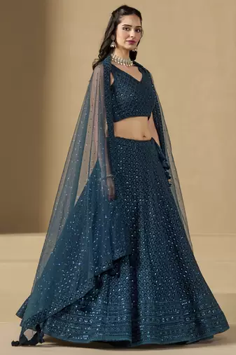 BLUE GEORGETTE SEQUINS THREAD EMBROIDERED LEHENGA CHOLI