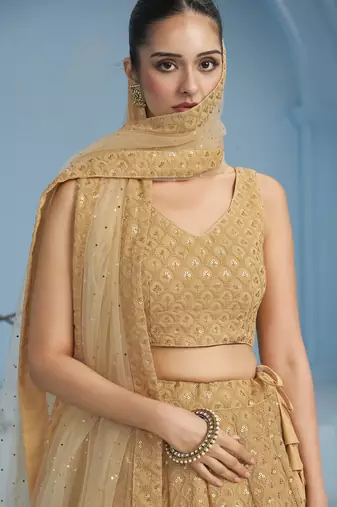 BEIGE GEORGETTE SEQUINS THREAD EMBROIDERED LEHENGA CHOLI