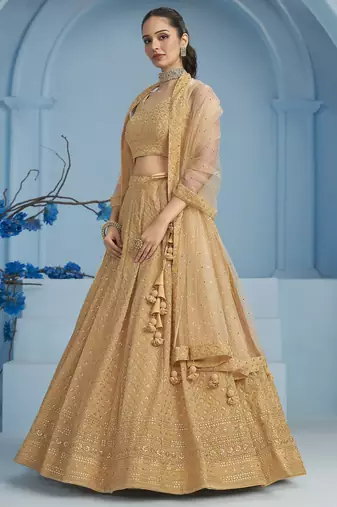 BEIGE GEORGETTE SEQUINS THREAD EMBROIDERED LEHENGA CHOLI