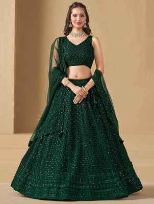 GREEN GEORGETTE SEQUINS THREAD EMBROIDERED LEHENGA CHOLI 1