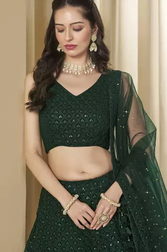GREEN GEORGETTE SEQUINS THREAD EMBROIDERED LEHENGA CHOLI