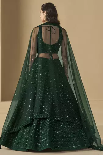 GREEN GEORGETTE SEQUINS THREAD EMBROIDERED LEHENGA CHOLI