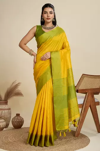 Yellow silk blend saree with temple border and contemporary striped pallu