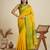 Yellow silk blend saree with temple border and contemporary striped pallu