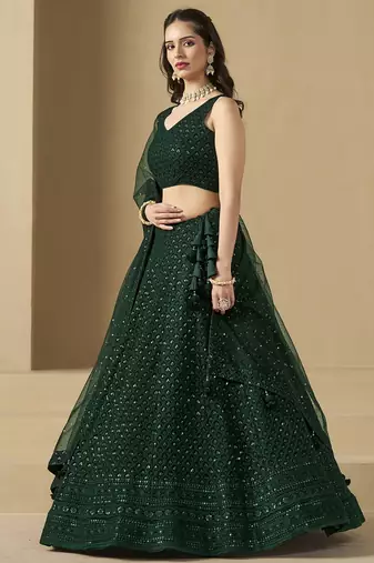 GREEN GEORGETTE SEQUINS THREAD EMBROIDERED LEHENGA CHOLI