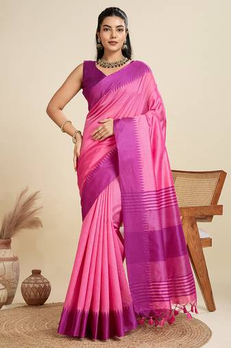 Pink handcrafted temple zari border silk blend saree 