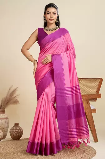 Pink handcrafted temple zari border silk blend saree 