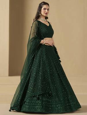 GREEN GEORGETTE SEQUINS THREAD EMBROIDERED LEHENGA CHOLI 6