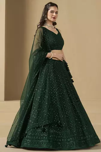 GREEN GEORGETTE SEQUINS THREAD EMBROIDERED LEHENGA CHOLI