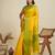 Yellow silk blend saree with temple border and contemporary striped pallu
