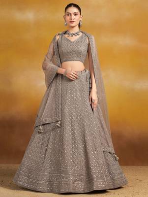 GREY GEORGETTE SEQUINS THREAD EMBROIDERED LEHENGA CHOLI 1