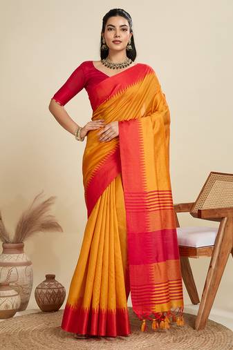 Mustard contrast border silk blend saree with woven thread pallu