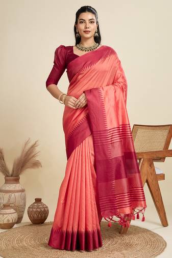 Peach  temple design silk blend saree with striped pallu and blouse