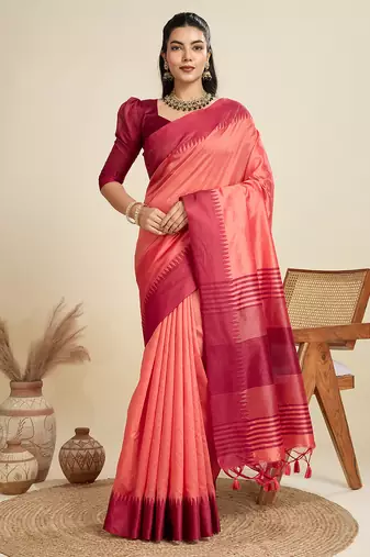 Peach  temple design silk blend saree with striped pallu and blouse
